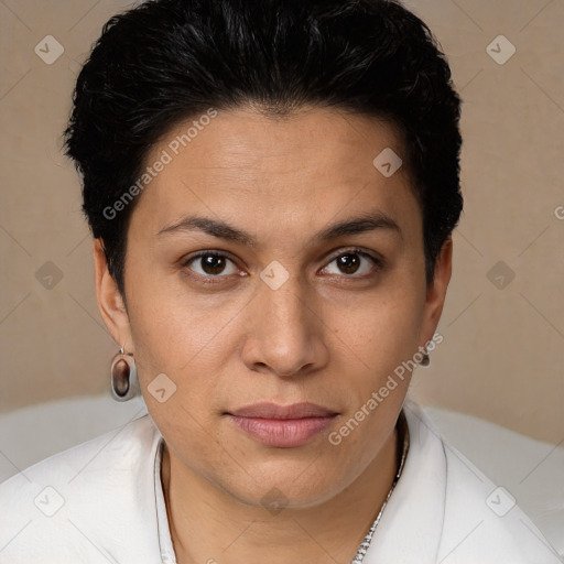 Joyful white young-adult female with short  brown hair and brown eyes