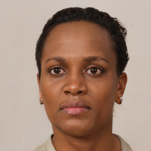 Neutral black young-adult female with short  brown hair and brown eyes