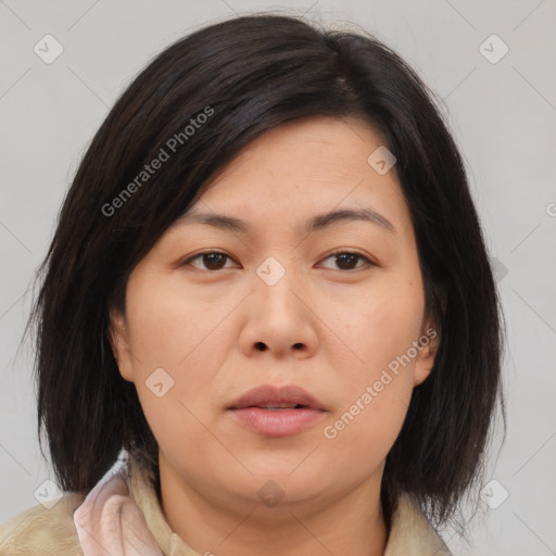 Neutral asian young-adult female with medium  brown hair and brown eyes