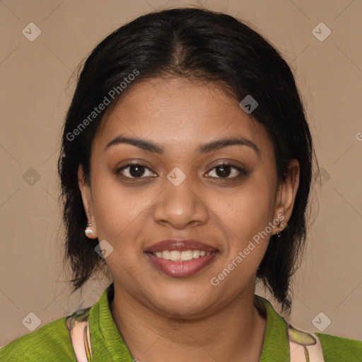 Joyful latino young-adult female with medium  brown hair and brown eyes