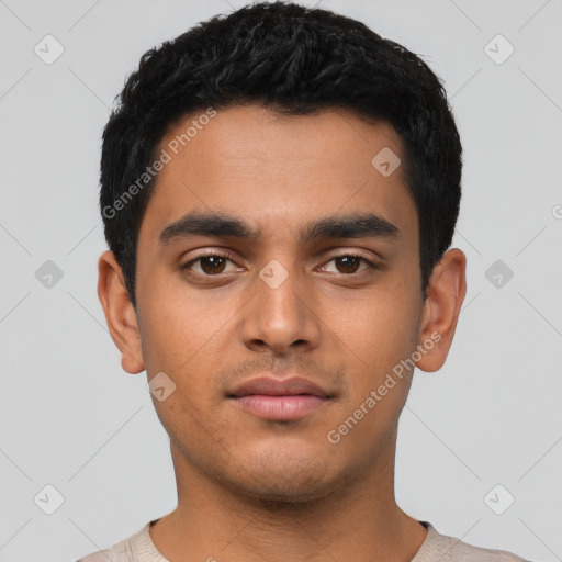 Neutral latino young-adult male with short  black hair and brown eyes