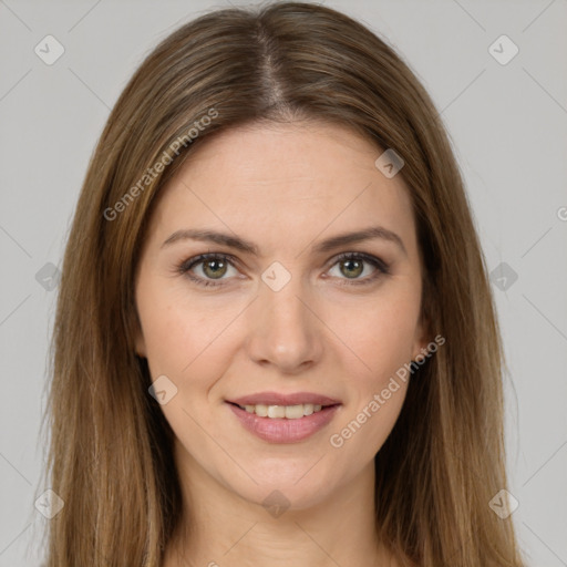 Joyful white young-adult female with long  brown hair and green eyes