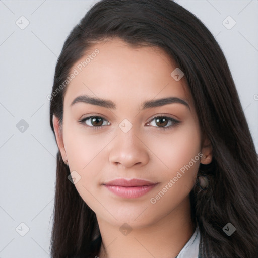 Joyful white young-adult female with long  black hair and brown eyes