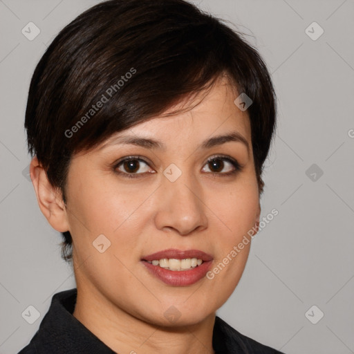 Joyful white young-adult female with medium  brown hair and brown eyes