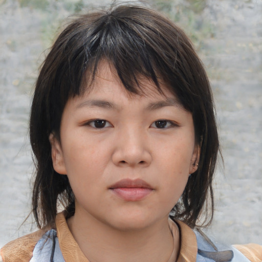 Neutral asian young-adult female with medium  brown hair and brown eyes