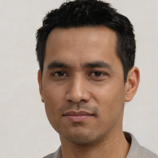 Neutral asian young-adult male with short  black hair and brown eyes