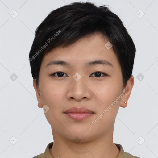 Neutral asian young-adult female with short  black hair and brown eyes