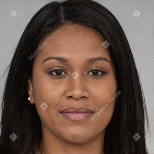 Joyful asian young-adult female with long  brown hair and brown eyes