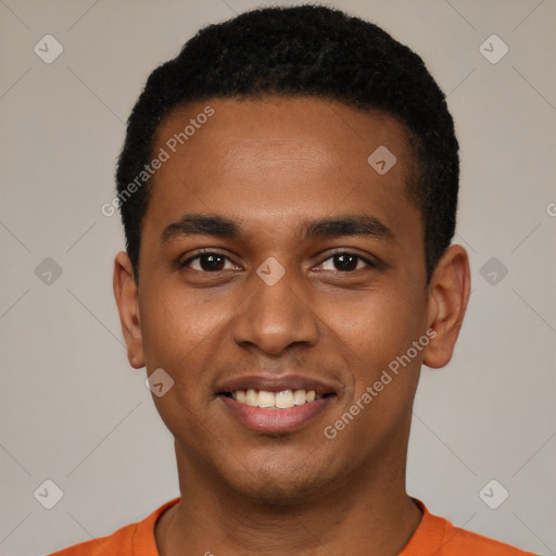 Joyful black young-adult male with short  black hair and brown eyes