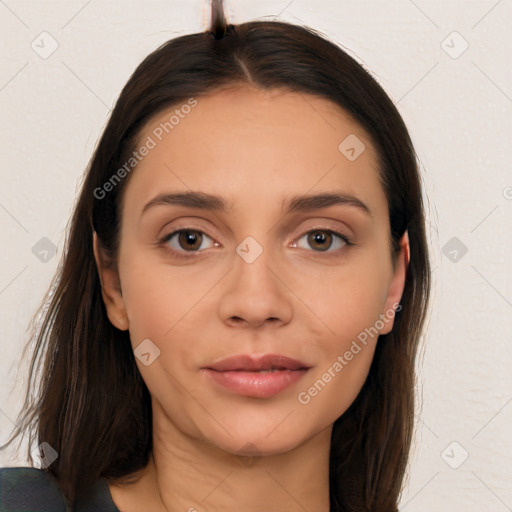 Neutral white young-adult female with long  brown hair and brown eyes