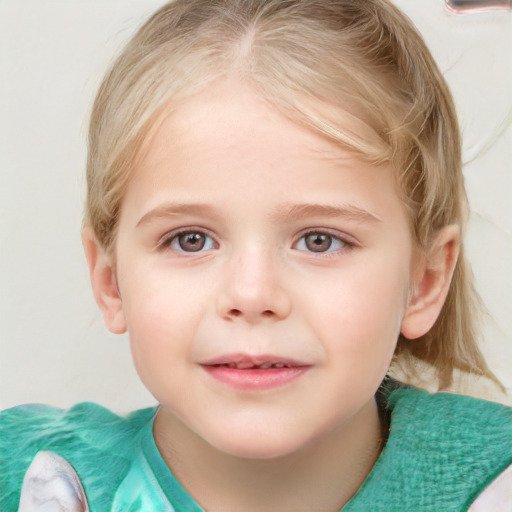 Joyful white child female with medium  blond hair and grey eyes