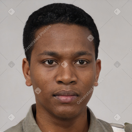 Neutral black young-adult male with short  black hair and brown eyes