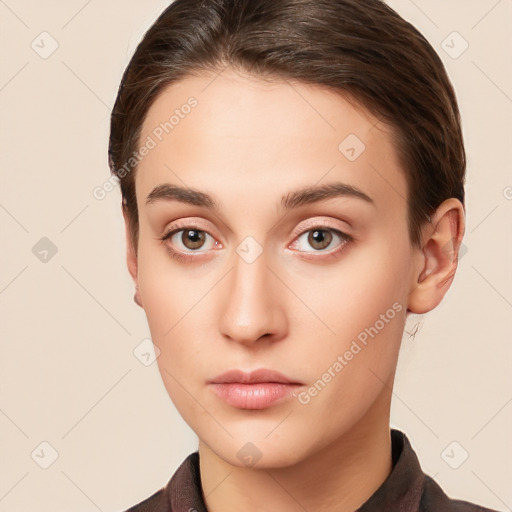 Neutral white young-adult female with short  brown hair and brown eyes