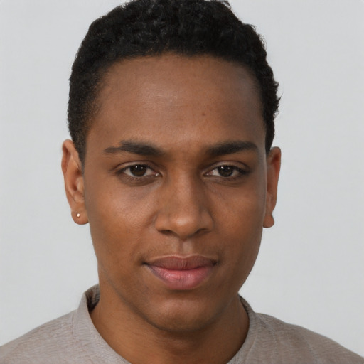 Neutral black young-adult male with short  black hair and brown eyes