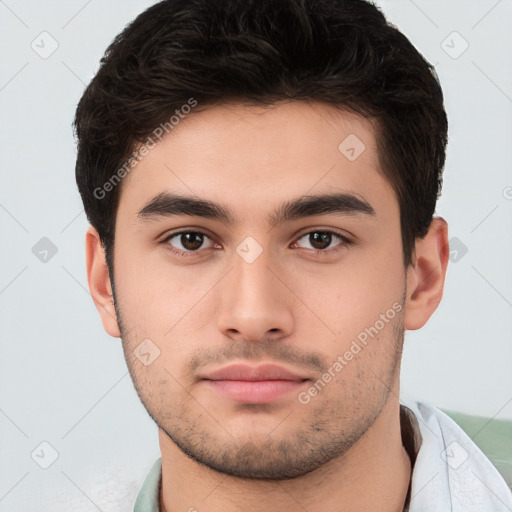 Neutral white young-adult male with short  brown hair and brown eyes