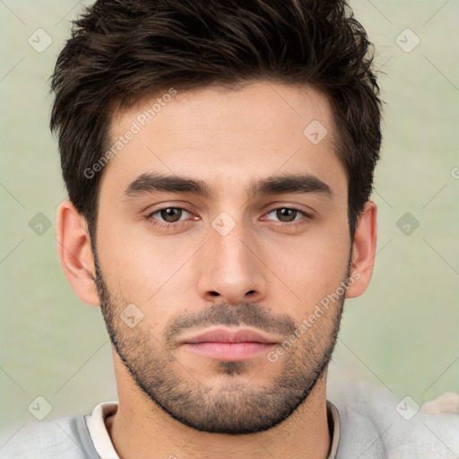 Neutral white young-adult male with short  brown hair and brown eyes