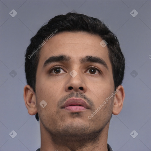 Neutral latino young-adult male with short  black hair and brown eyes
