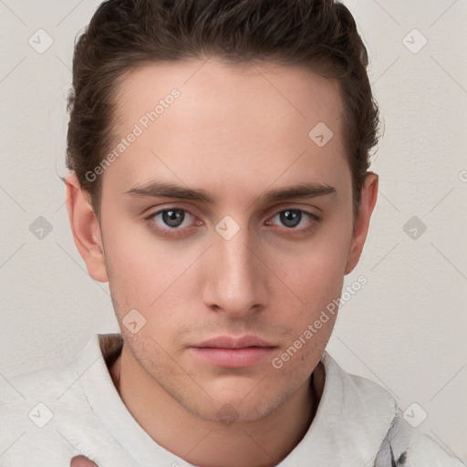 Neutral white young-adult male with short  brown hair and grey eyes