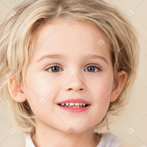 Joyful white child female with medium  brown hair and blue eyes