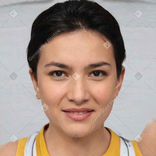 Joyful white young-adult female with short  brown hair and brown eyes