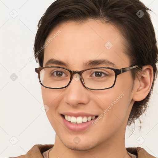 Joyful white young-adult female with medium  brown hair and brown eyes