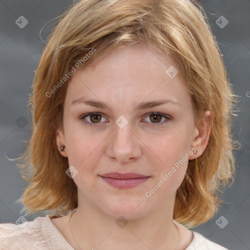 Joyful white young-adult female with medium  brown hair and blue eyes