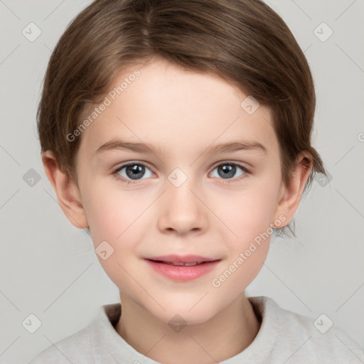 Joyful white child female with short  brown hair and brown eyes