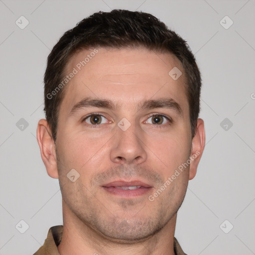 Joyful white young-adult male with short  brown hair and brown eyes