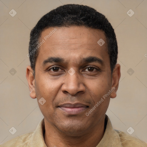 Joyful latino adult male with short  black hair and brown eyes