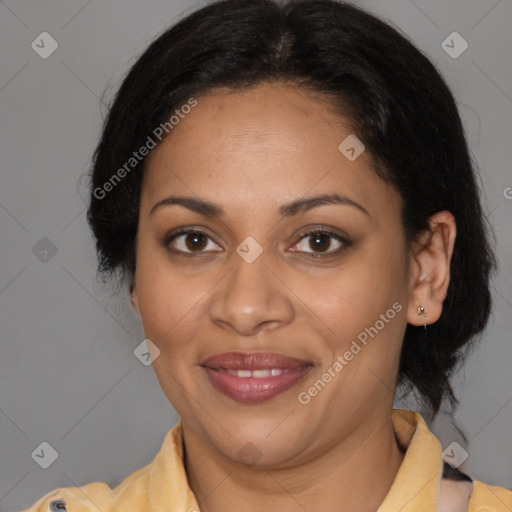 Joyful latino young-adult female with medium  brown hair and brown eyes