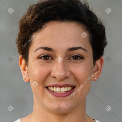 Joyful white young-adult female with short  brown hair and brown eyes