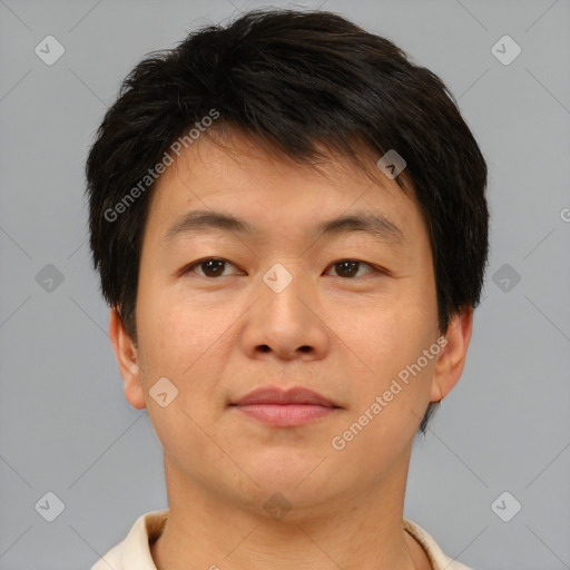 Neutral asian young-adult male with short  brown hair and brown eyes