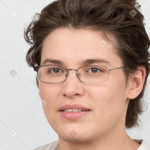 Joyful white young-adult female with medium  brown hair and green eyes