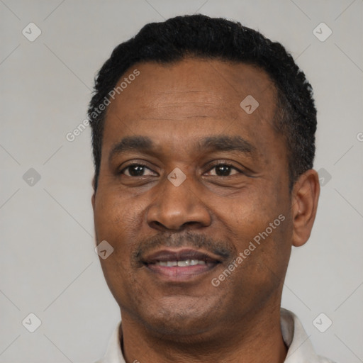 Joyful black adult male with short  black hair and brown eyes