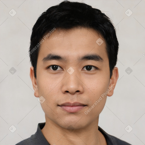 Neutral asian young-adult male with short  black hair and brown eyes