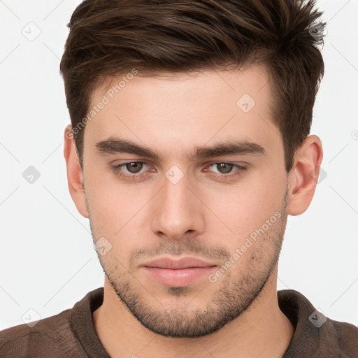 Neutral white young-adult male with short  brown hair and brown eyes