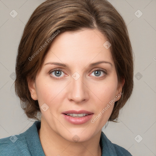 Joyful white young-adult female with medium  brown hair and blue eyes