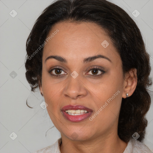 Joyful black young-adult female with medium  brown hair and brown eyes