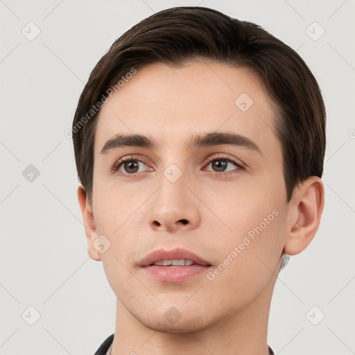 Neutral white young-adult male with short  brown hair and brown eyes