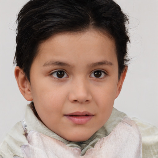 Joyful white child female with medium  brown hair and brown eyes