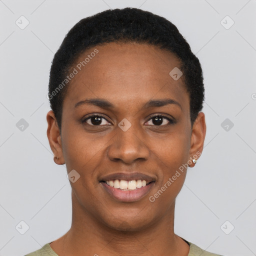 Joyful black young-adult female with short  black hair and brown eyes