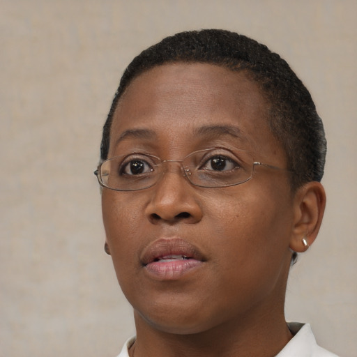 Neutral black adult female with short  brown hair and brown eyes