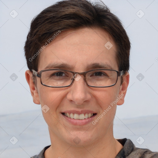 Joyful white adult female with short  brown hair and brown eyes