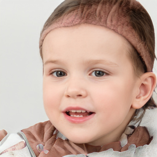 Joyful white child female with medium  brown hair and blue eyes