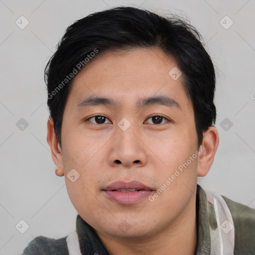 Neutral asian young-adult male with short  black hair and brown eyes