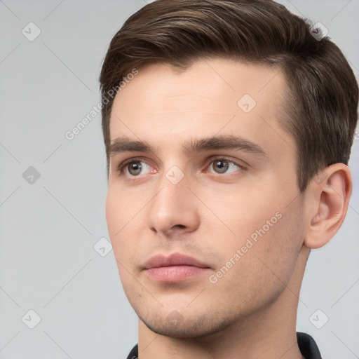 Neutral white young-adult male with short  brown hair and brown eyes