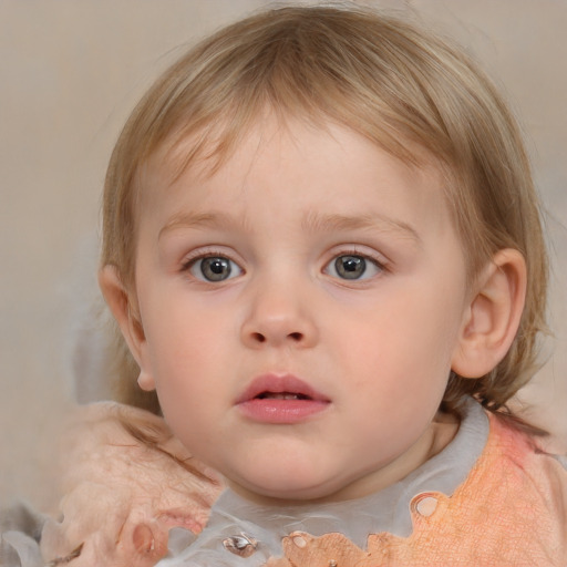 Neutral white child female with medium  brown hair and blue eyes