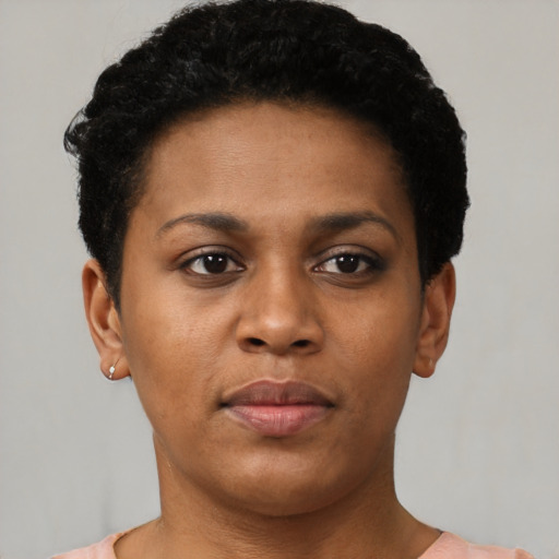 Neutral black young-adult female with short  brown hair and brown eyes
