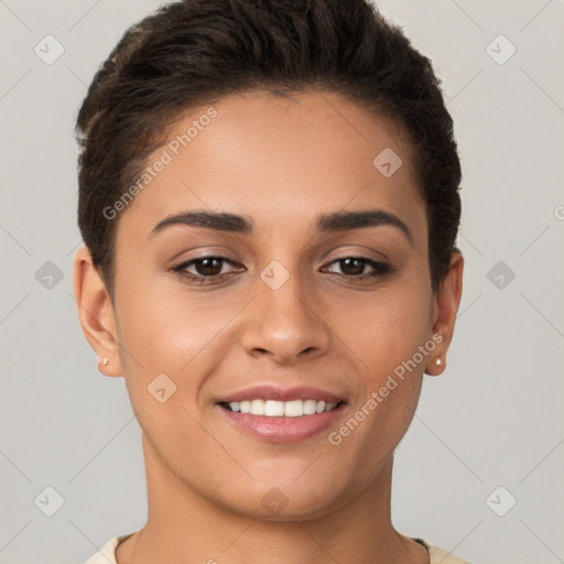 Joyful white young-adult female with short  brown hair and brown eyes