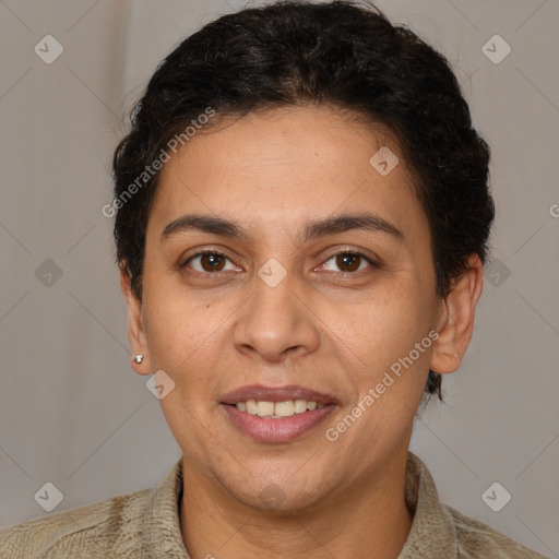 Joyful white adult female with short  brown hair and brown eyes